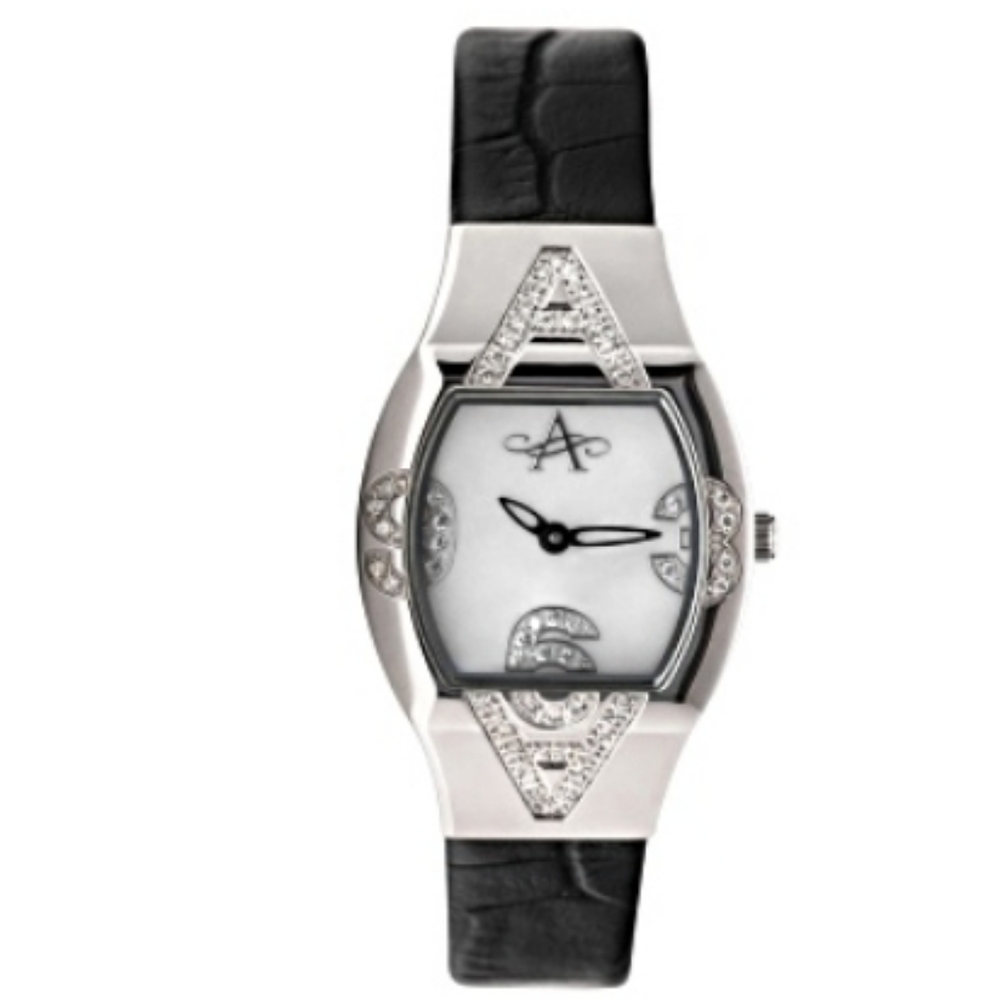 Armadani Embossed Black Leather and Diamond Tonneau Ladies Watch